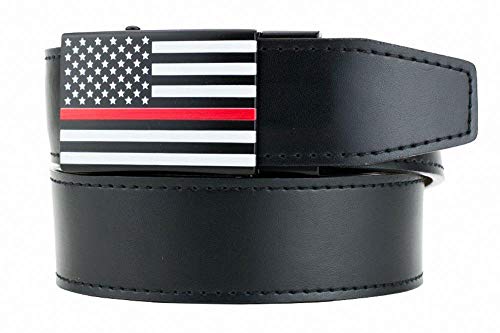 USA Thin Red Line Black Leather Belt for Men with Adjustable Ratchet Buckle - Nexbelt Ratchet System Technology