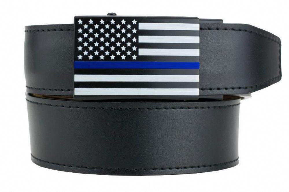 USA Thin Blue Line Black Leather Belt for Men with Adjustable Ratchet Buckle - Nexbelt Ratchet System Technology