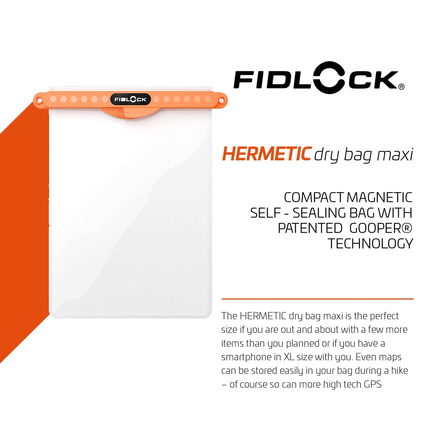 FIDLOCK Hermetic Dry Bag Multi - Flexible Magnetic Self-Sealing Bag for Cellphone | 100% Waterproof and Sand Proof - Practical Size with a Large Opening, with Lanyard included