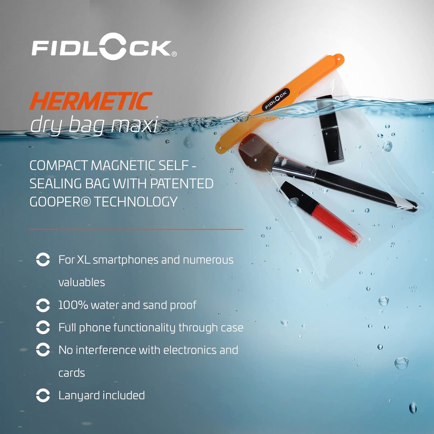 FIDLOCK Hermetic Dry Bag Multi - Flexible Magnetic Self-Sealing Bag for Cellphone | 100% Waterproof and Sand Proof - Practical Size with a Large Opening, with Lanyard included